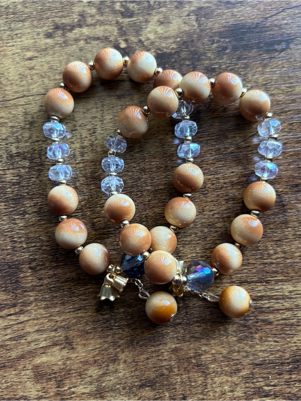 2 pcs Gold-Tone Brown Beaded Stretch Bracelet with Charm